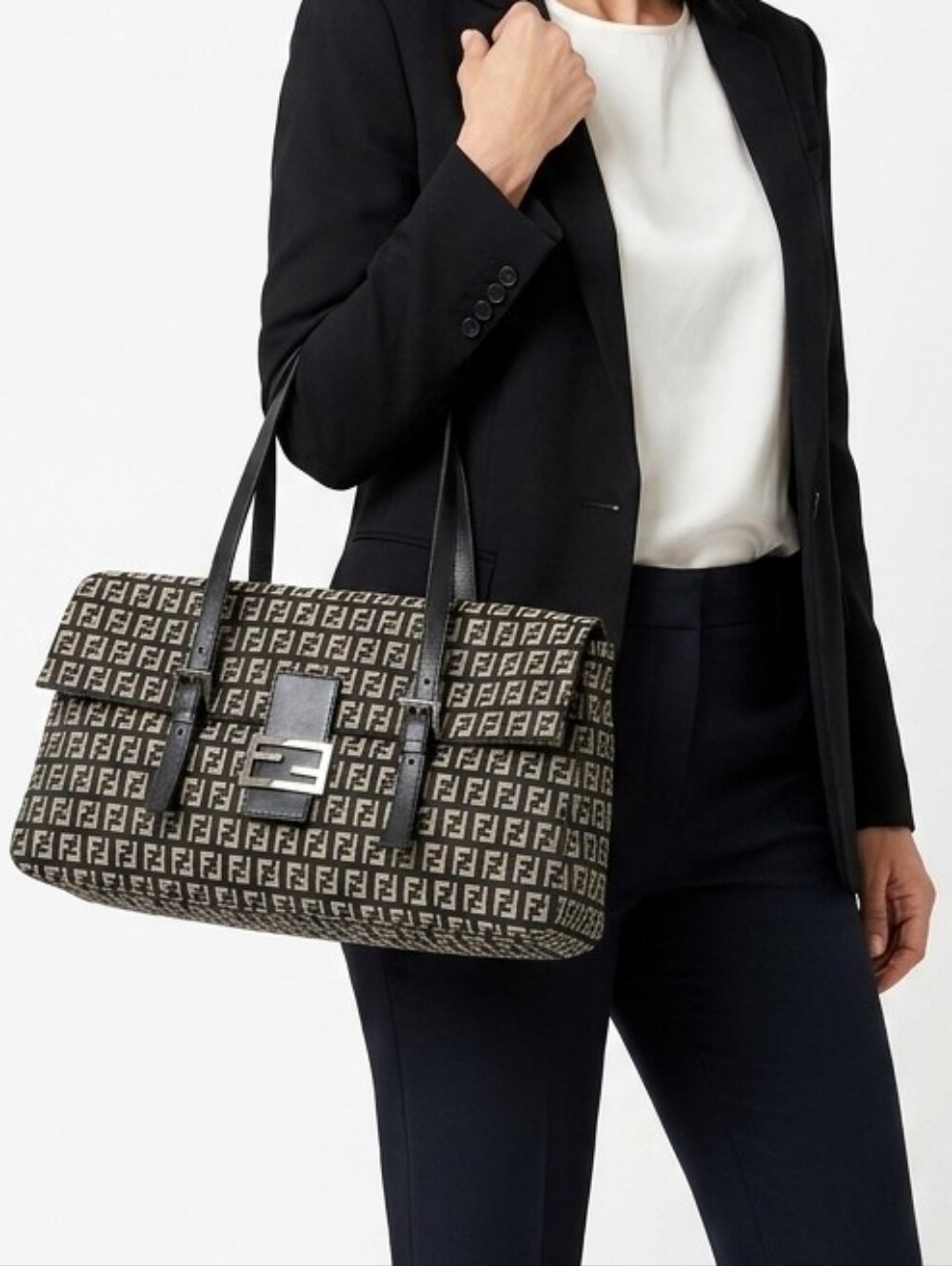 LIMITED-TIME OFFER Fendi Zucchino Black and Gray Medium Flap Shoulder Bag